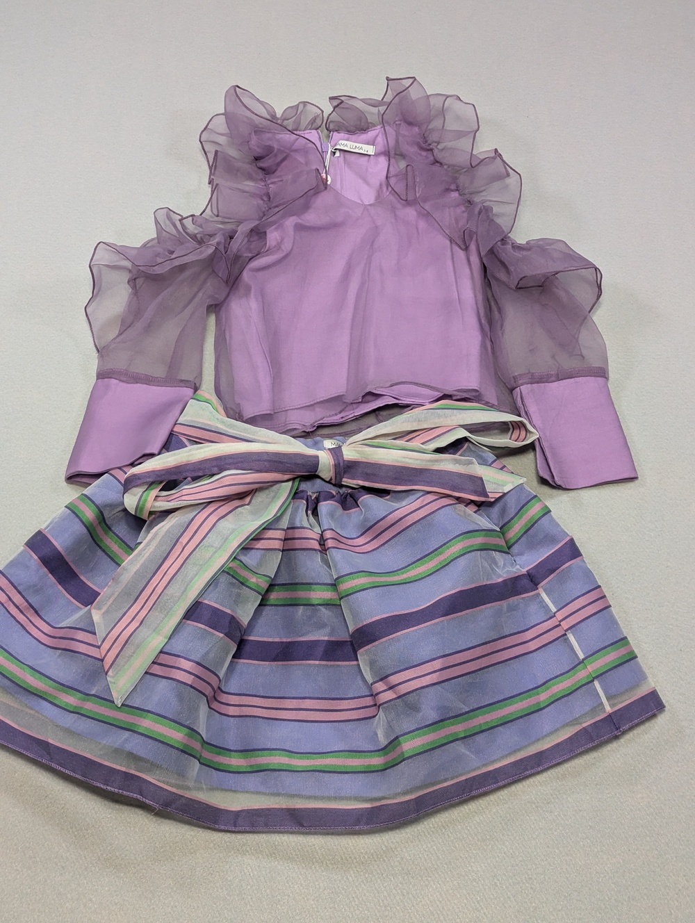Mama Luma Top & Skirt Set Girls 7-8 Purple Organza Ruffle Stripe Party Formal